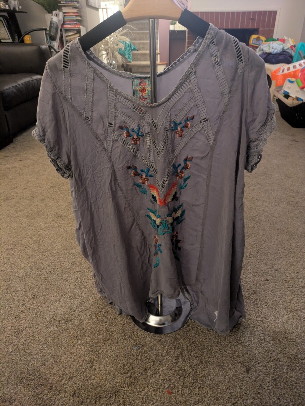 Embroidered V-Neck Boho Top - Slate Gray
